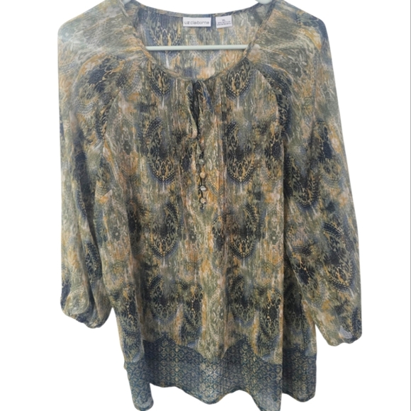 Liz Claiborne Sheer Green and Yellow Patterned Blouse W/covered Buttons, Size XL - Picture 1 of 4